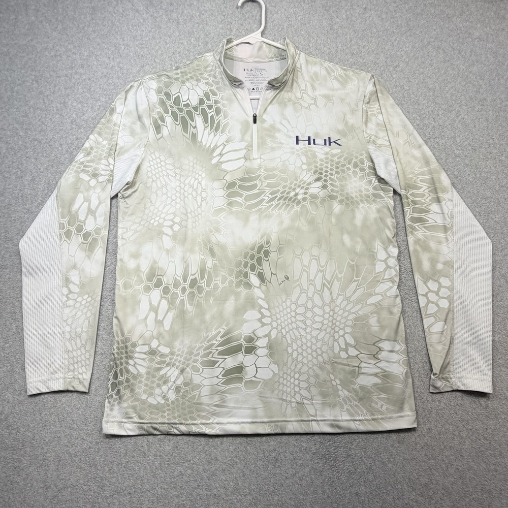 Huk Pullover Men Small White Beige Yeti Kryptek Camo 1/4 Zip Fishing Performance